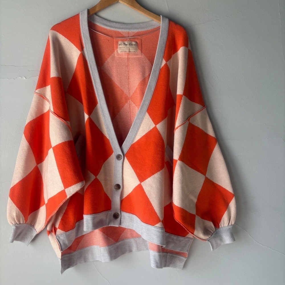 NWT Free People Manny Cardigan in Firecracker Argyle Oversized Size Small - Picture 6 of 12